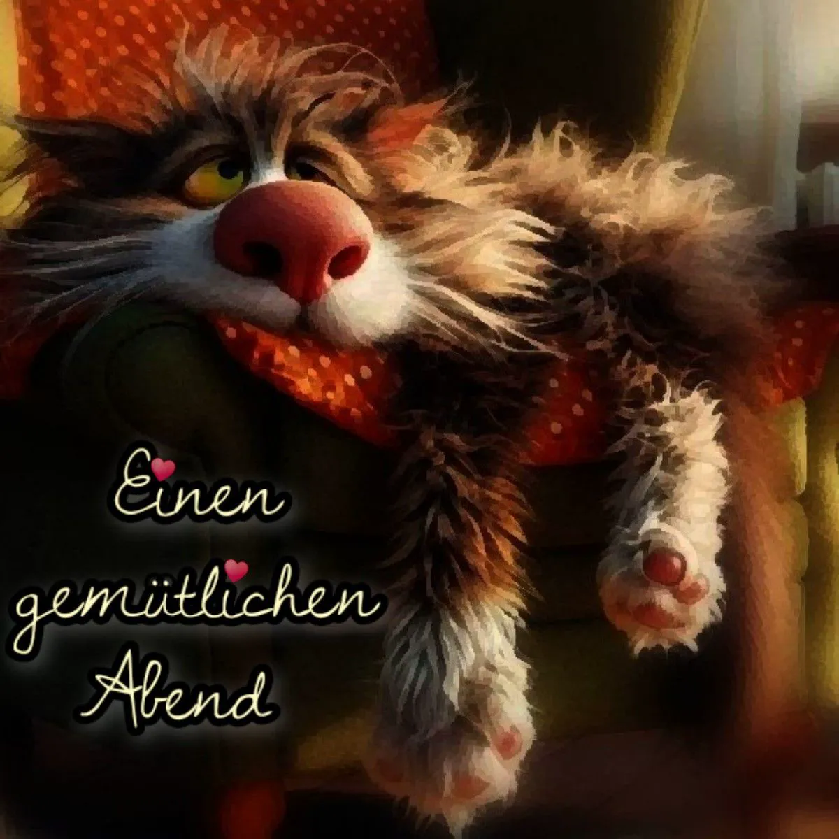 Flauschige, cartoonartige Katze liegt entspannt auf einem Sessel mit roter Decke. Große Augen und rosa Nase. Dazu der Gruß "Einen gemütlichen Abend" für schöne Stunden.